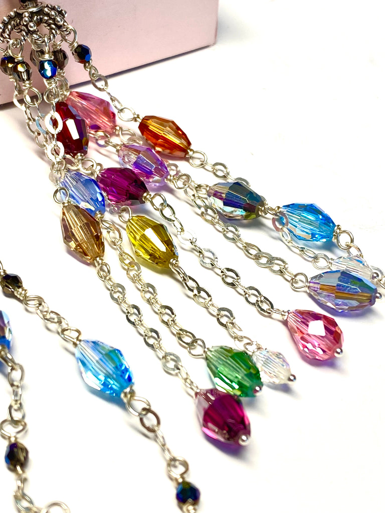 Multicolor Crystal Tassel Necklace Sterling Silver