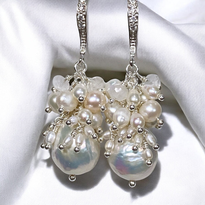 White Edison Pearl Cluster Earrings with Moonstone in Sterling Silver