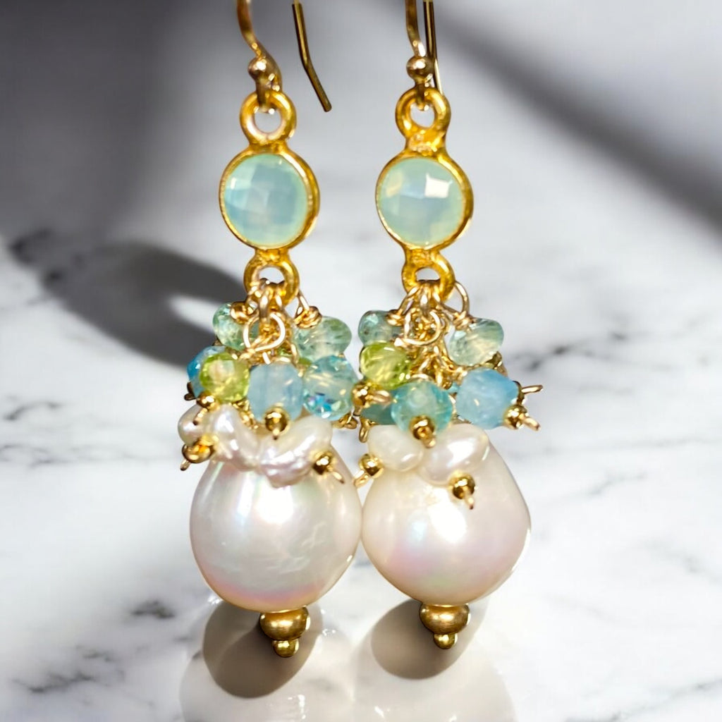 Pearl Cluster Earrings with Peridot, Aquamarine, Apatite in Gold