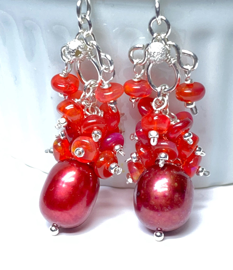 Red Pearl Opal Cluster Earrings in Sterling Silver
