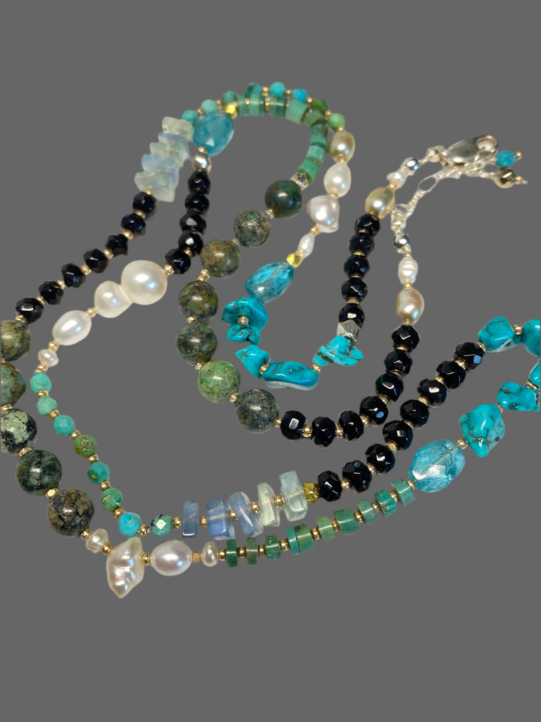 Turquoise Wrap Bracelet Necklace with Freshwater Pearl, Black Onyx, Apatite