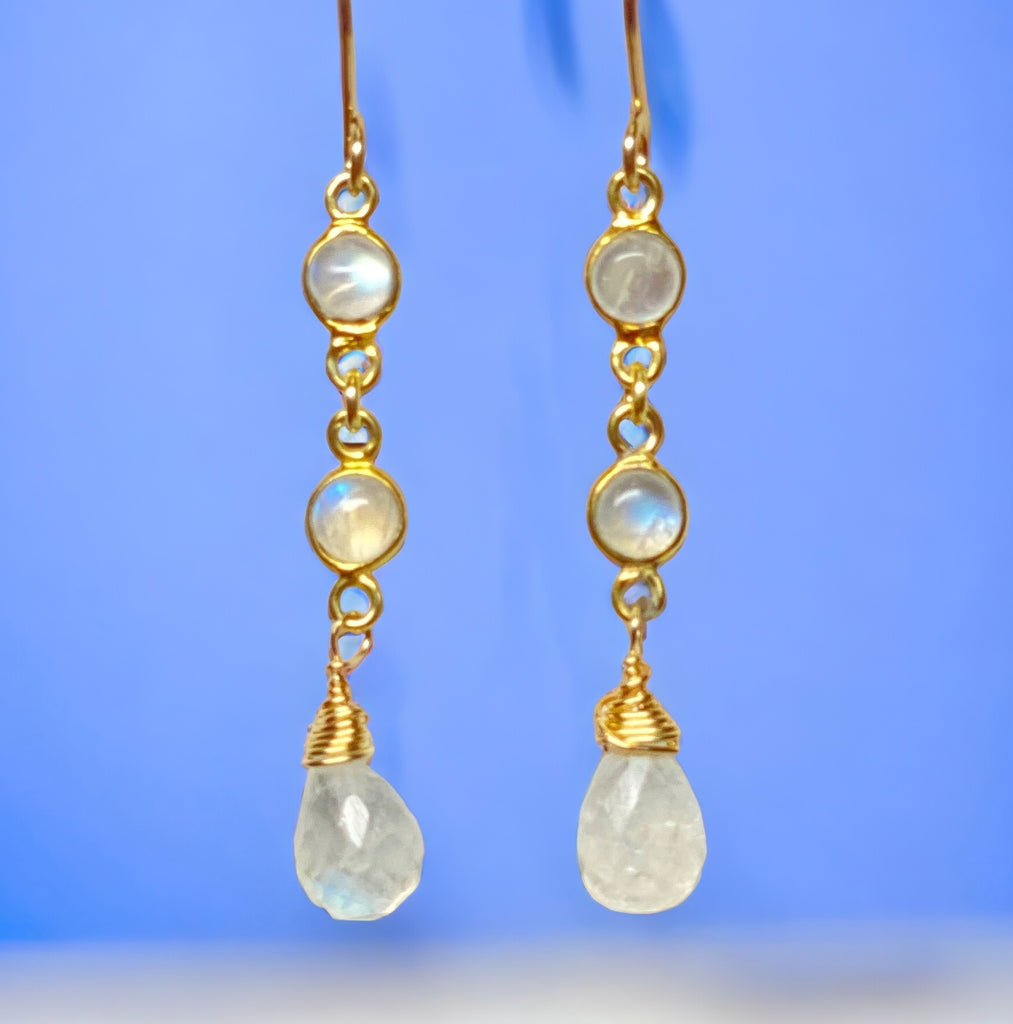 Rainbow Moonstone Double Dangle Earrings Gold Fill