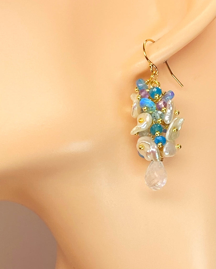 Blue Ethiopian Opal, Keishi Pearl and Gemstone Dangle Earrings Gold