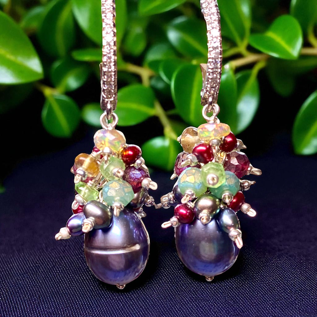Grey Pearl Earrings with Colorful Gemstone Clusters in Sterling Silver