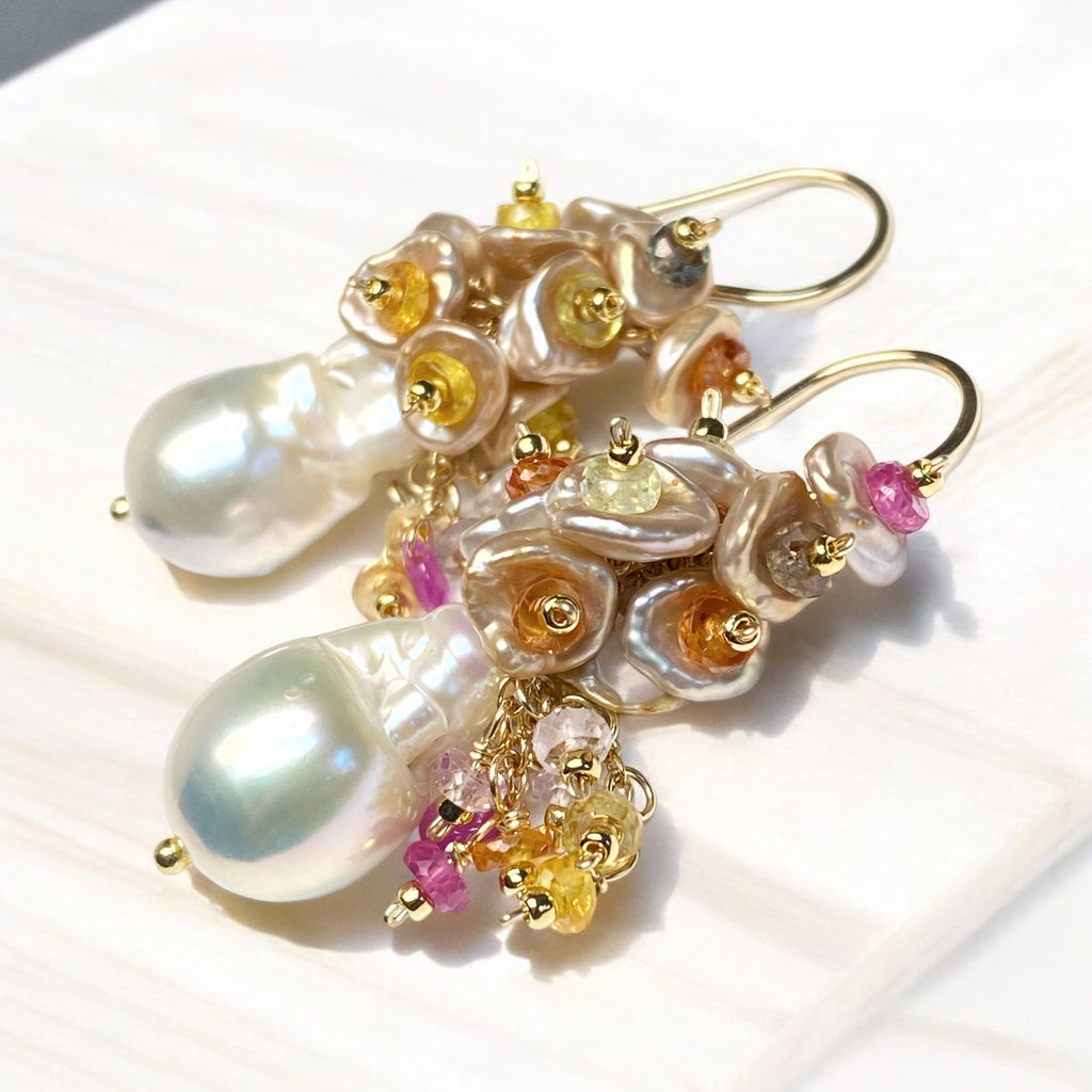Baroque Flameball Pearl Earrings with Clusters of Sapphires and Keishi Pearls Gold Fill
