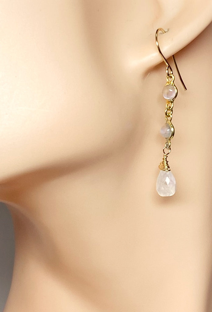 Rainbow Moonstone Double Dangle Earrings Gold Fill
