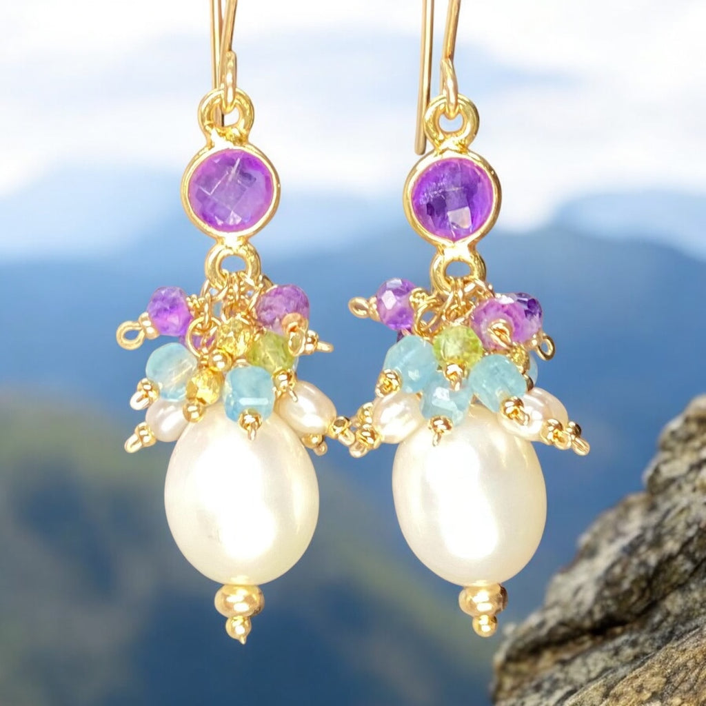 Pearl Cluster Earrings with Peridot, Aquamarine, Amethyst in Gold