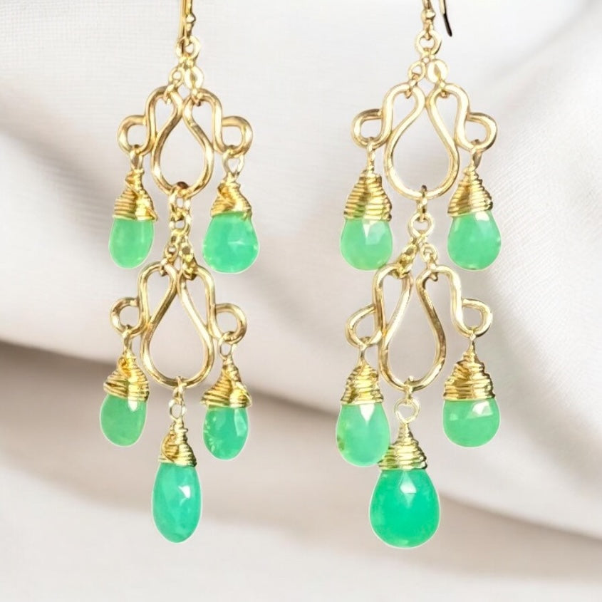 Green Chrysoprase Gemstone Long Gold Filled Chandelier Earrings