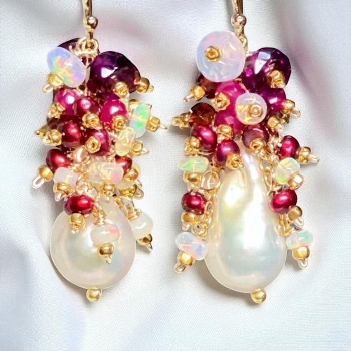 Baroque Pearl Earrings with Rubies, Garnets and Fiery AAA Ethiopian Opals 2