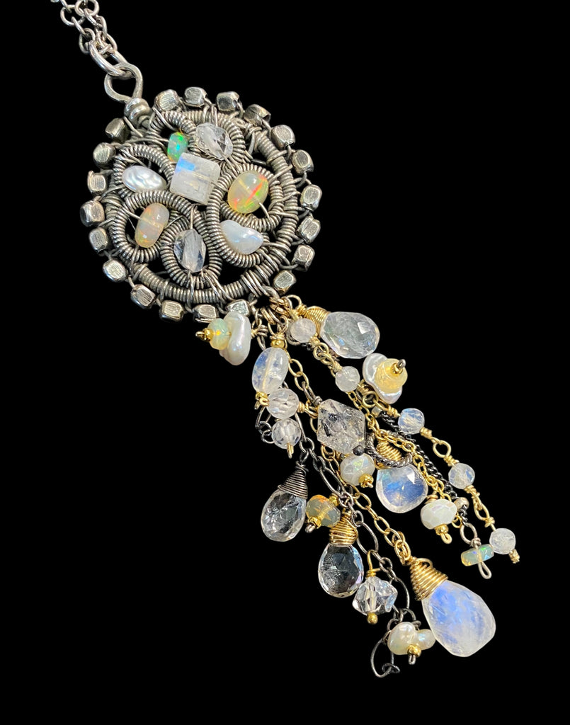 Opal, Moonstone, Crystal Oxidized Silver Coiled Pendant Necklace