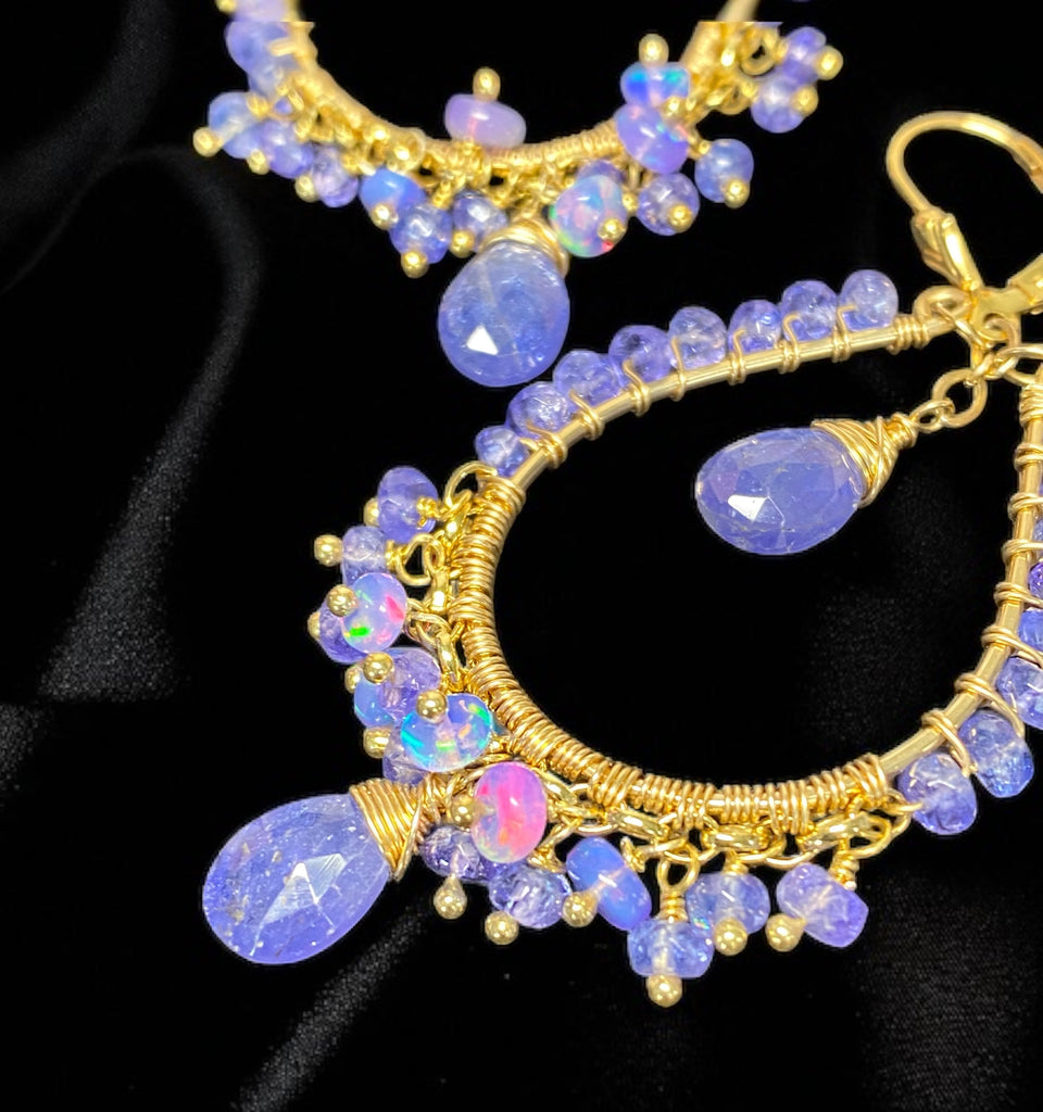 Tanzanite and Opal Hoop Earrings in Gold Fill