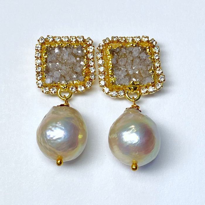 Silver Druzy Crystal and Baroque Pearl Dangle Earrings