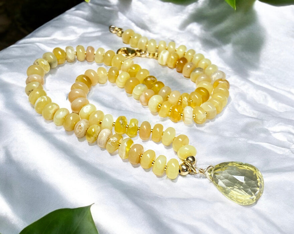 Lemon Quartz Gemstone Pendant on Yellow Opal Knotted Necklace, Gold Fill