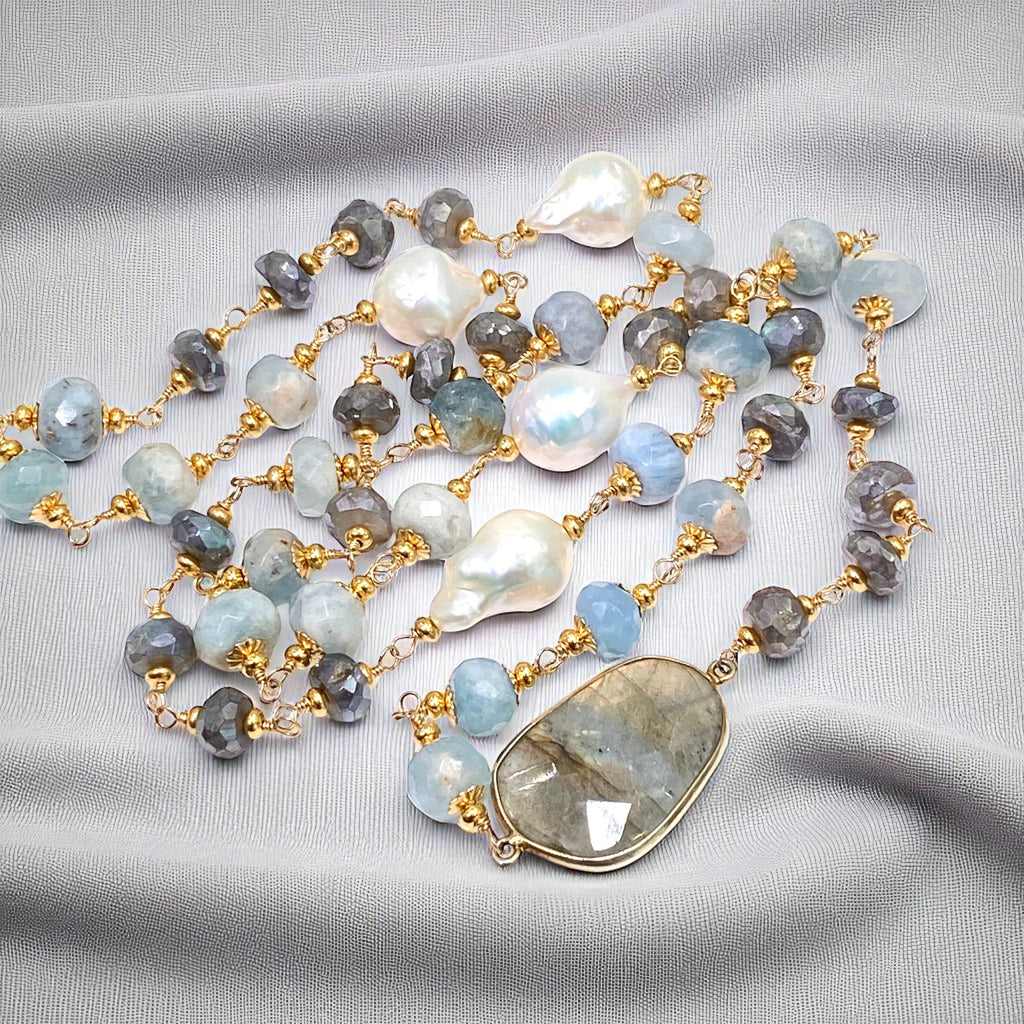 Aquamarine, Labradorite, Pearl Long Wire Wrapped Necklace