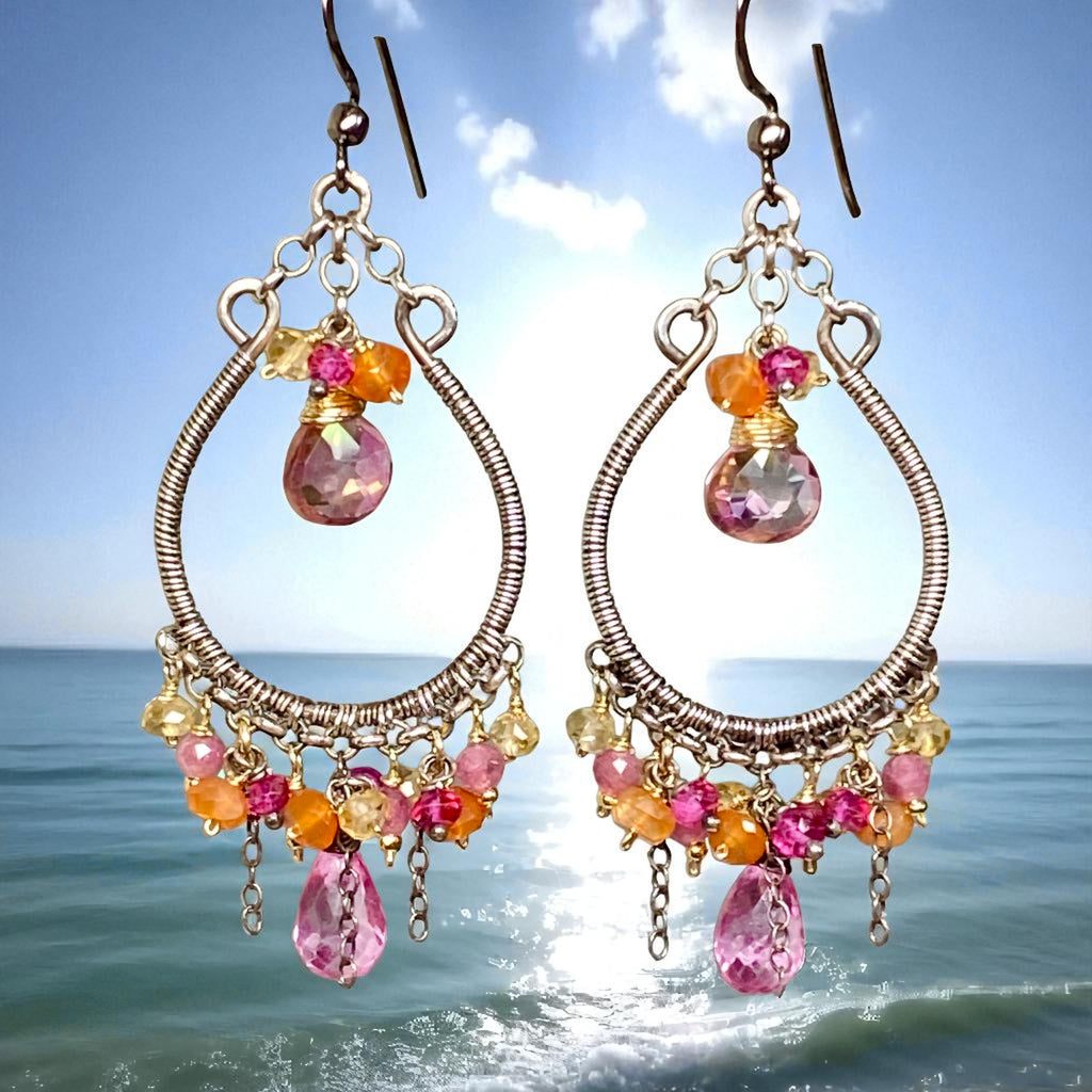 Multi-color Gemstone Hoop Chandelier Earrings in Mixed Metals
