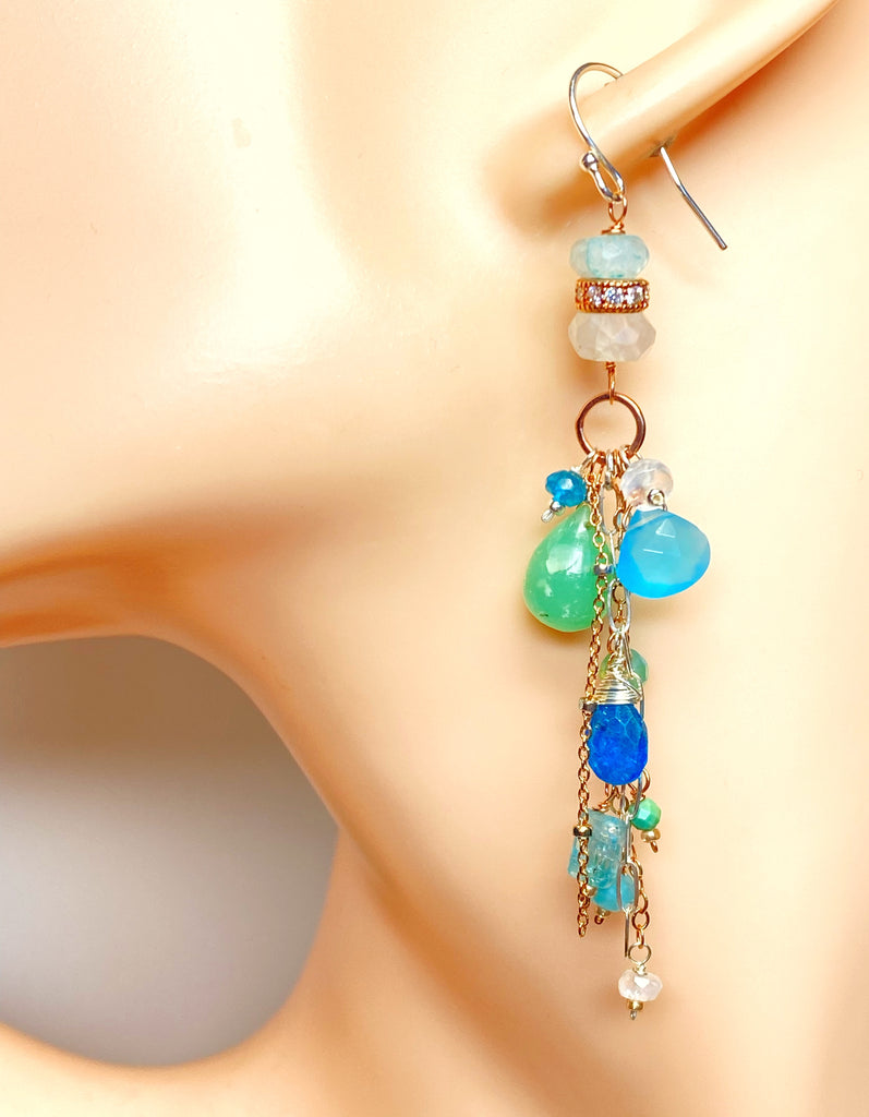 Rose Gold Long Boho Dangle Earrings Mixed Metal with Chrysoprase, Blue Chalcedony and Moonstone
