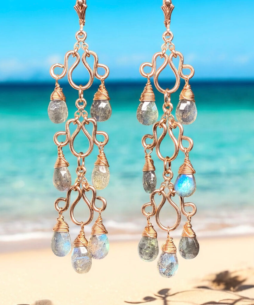 Long Labradorite Chandelier Earrings Rose Gold