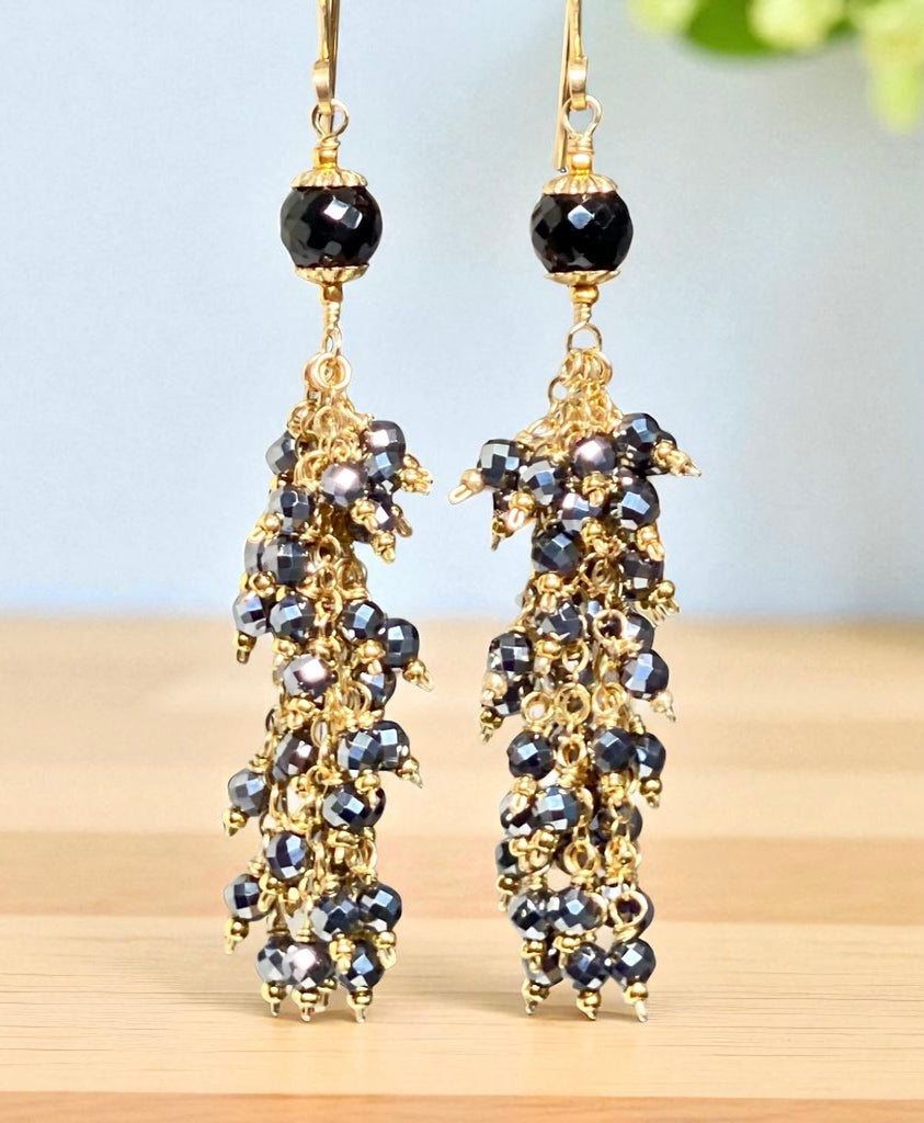 Sparkly Long Black Tassel Earrings Gold Fill