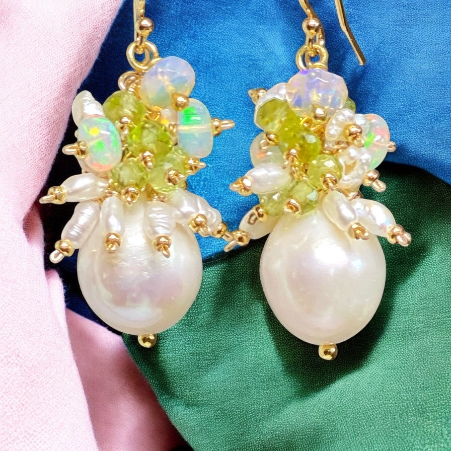 Peridot, Opal, Pearl Cluster Earrings Gold Fill 2
