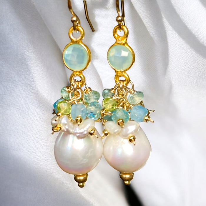 Pearl Cluster Earrings with Peridot, Aquamarine, Apatite in Gold