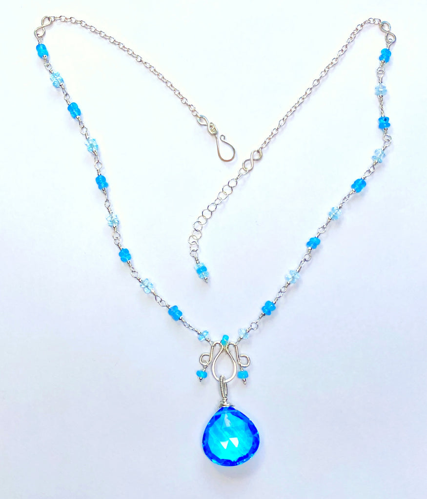 Blue Topaz, Opal and Gemstone Pendant Necklace Rosary Style Sterling Silver