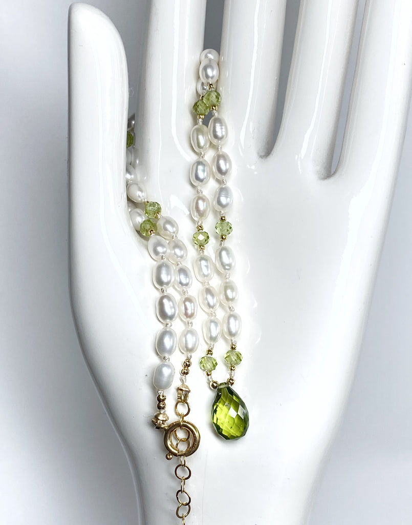 Peridot Gemstone and Pearl Pendant Necklace on 14 kt Gold Fill