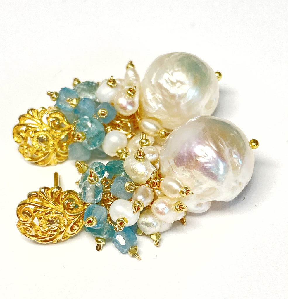 Blue Zircon Pearl Cluster Earrings Gold Post