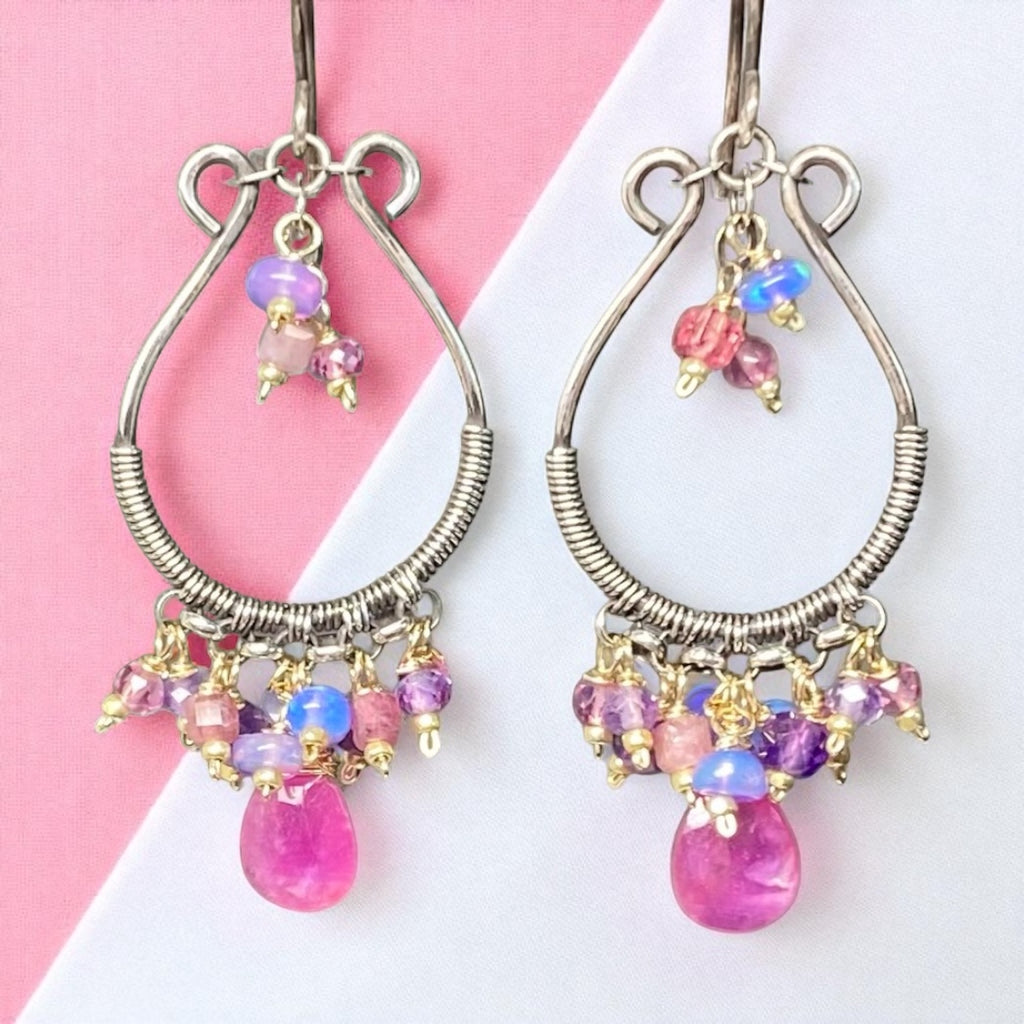 Pink Sapphire Oxidized Silver Hoop Chandelier Earrings, Mixed Metals 3