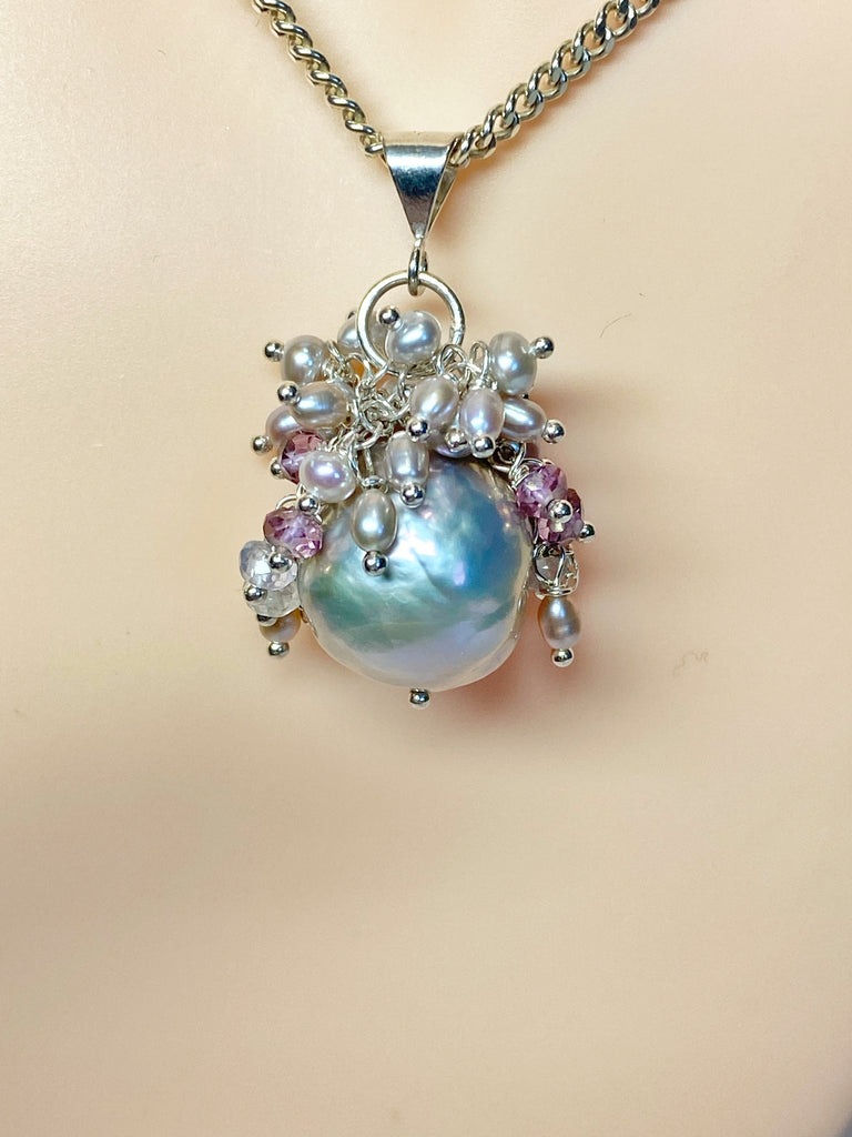 Silver Grey Baroque Pearl Cluster Pendant in Sterling Silver