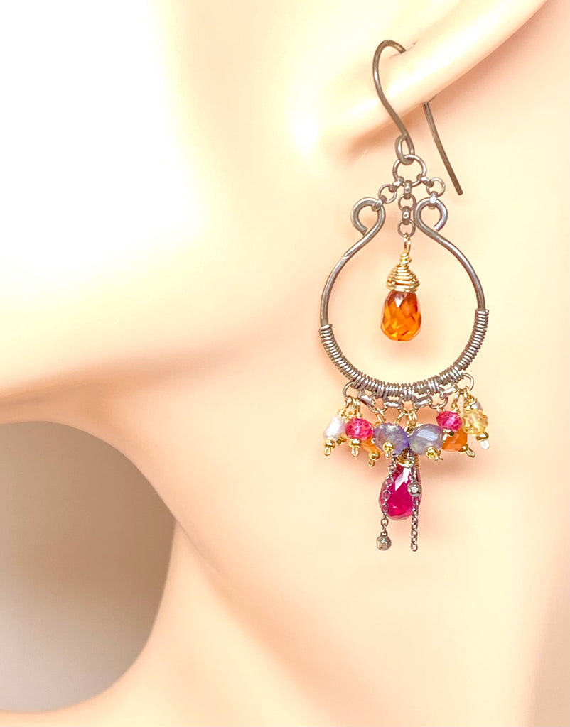 Multi Gemstone Mixed Metal Hoop Chandelier Earrings