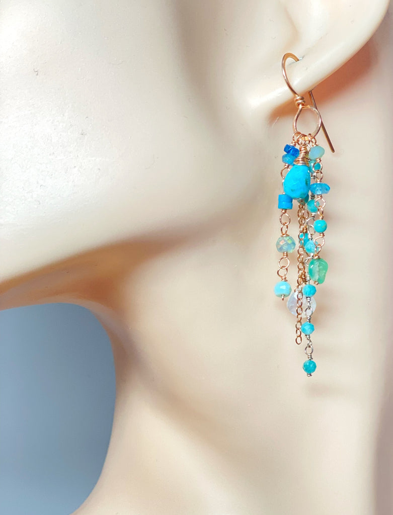 turquoise multi gemstone dangle earrings rose gold fill