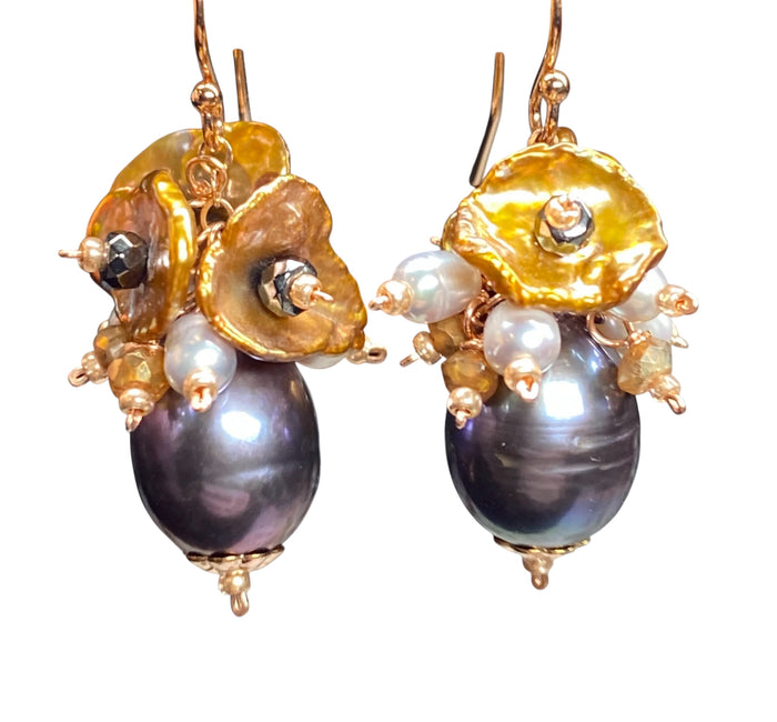 Peacock Pearl, Keishi Pearl Cluster Dangle Earrings Rose Gold Fill