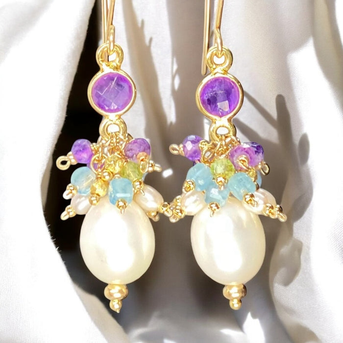 Pearl Cluster Earrings with Peridot, Aquamarine, Amethyst in Gold