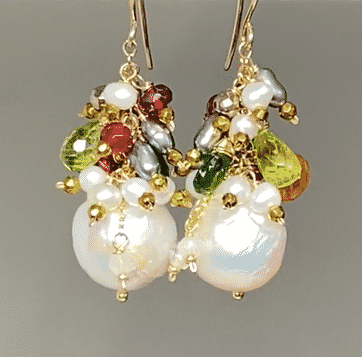 Multi-color Gemstone and Pearl Cluster Gold Post Earrings