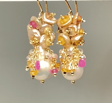 Baroque Flameball Pearl Earrings with Clusters of Sapphires and Keishi Pearls Gold Fill