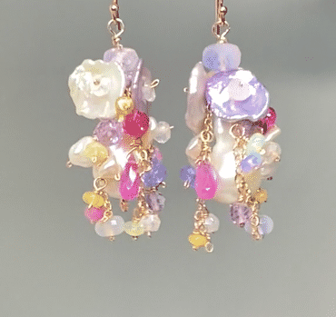 Flameball Pearl and Multicolor Gemstone Chain Dangle Earrings Rose Gold