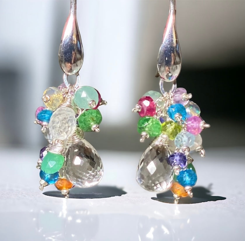 Crystal Quartz Dangle Earrings with Multi Gemstone Cluster Sterling Silver 4