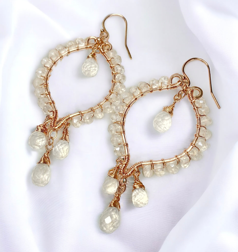 Rose Gold Hoop Earrings Rainbow Moonstone Mystic Crystal