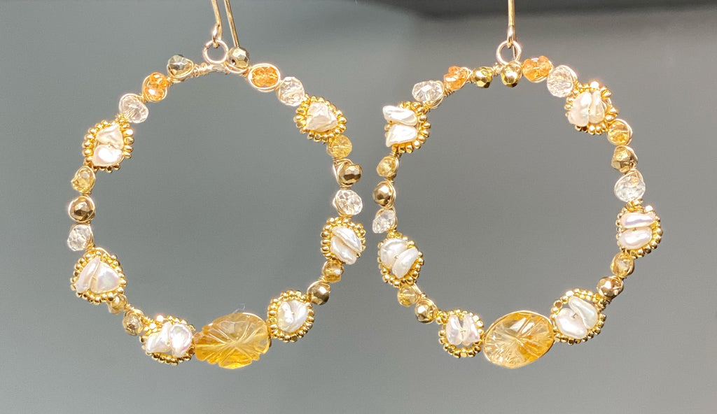 Citrine Gemstone Gold Hoop Earrings Wire Wrapped