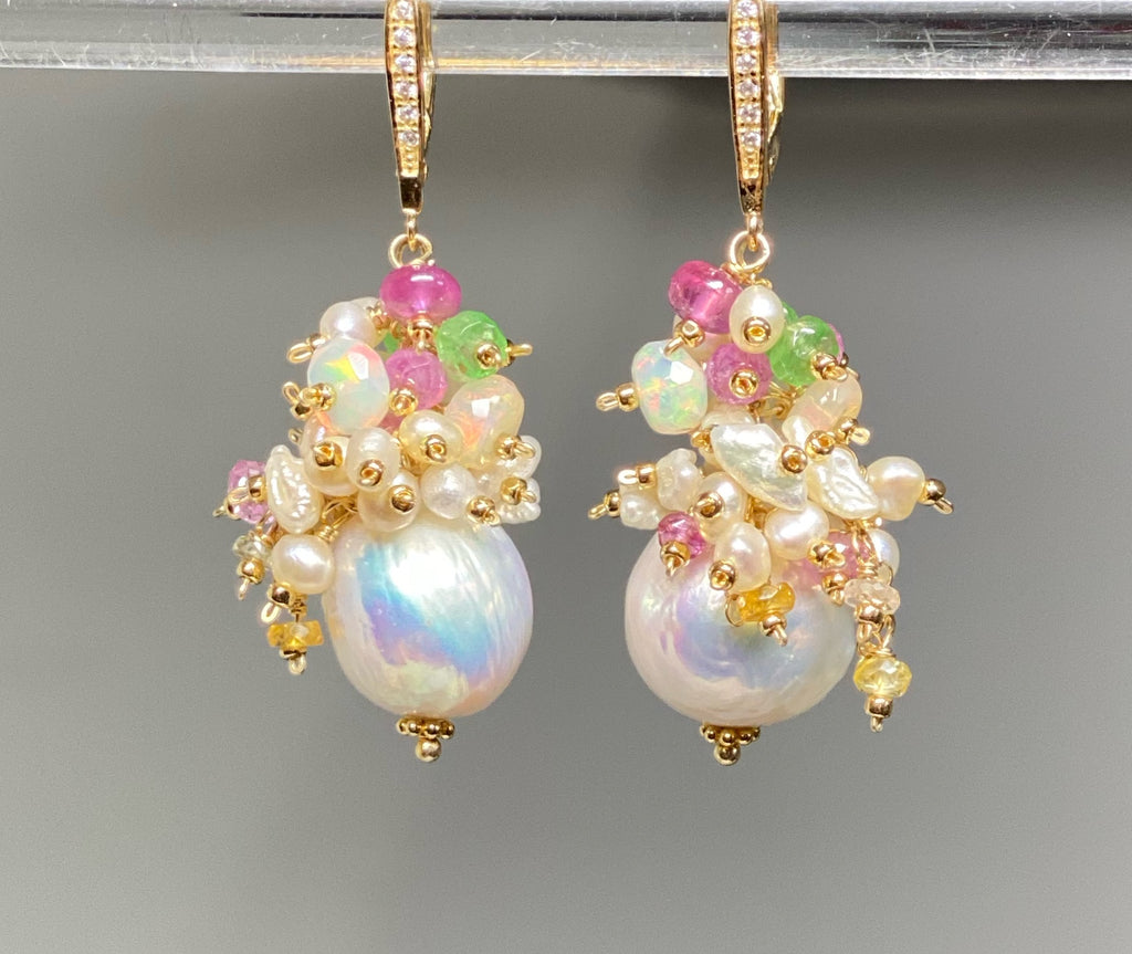 Baroque Edison Pearl and Opal Statement Earrings with Sapphire, Tsavorite