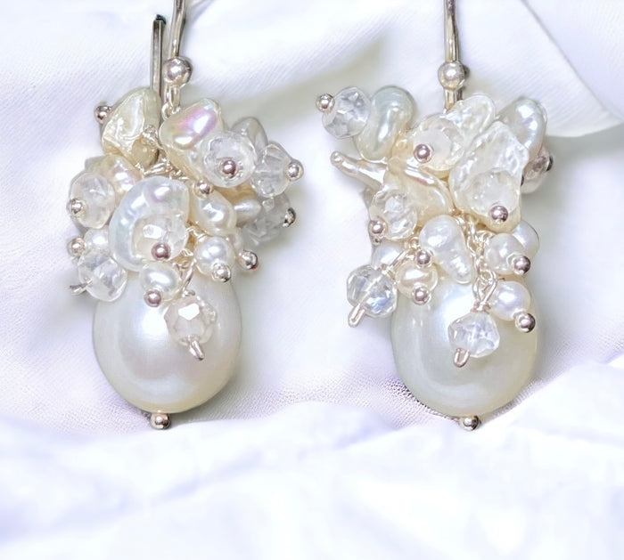 Baroque Pearl Bridal Cluster Earrings Sterling Silver