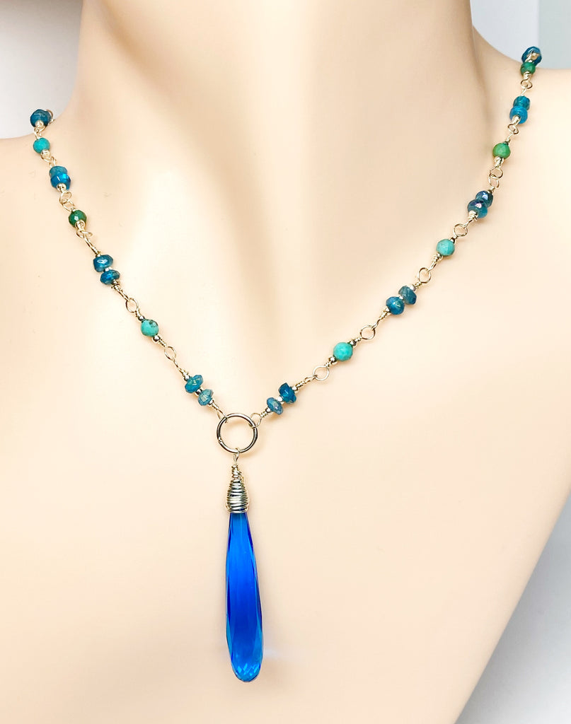 Dainty Necklace Wire Wrap Rosary Style: Swiss Blue Quartz Pendant, Blue Green Gems, Sterling Silver