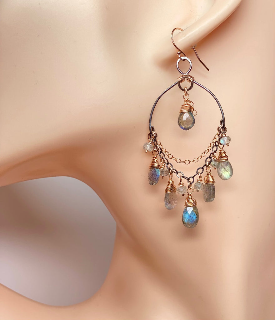 Labradorite Mixed Metal Boho Chandelier Hoop Earrings