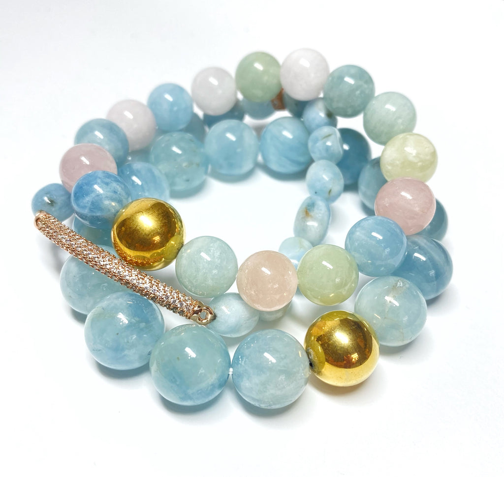 Morganite, Aquamarine Pastel Gemstone Stretch Bracelet, 10 mm, Rose Gold Pave Bead
