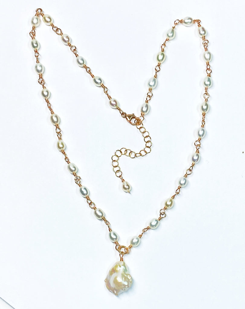 Dainty Baroque Pearl Necklace Wire Wrapped Rosary Style Rose Gold Fill