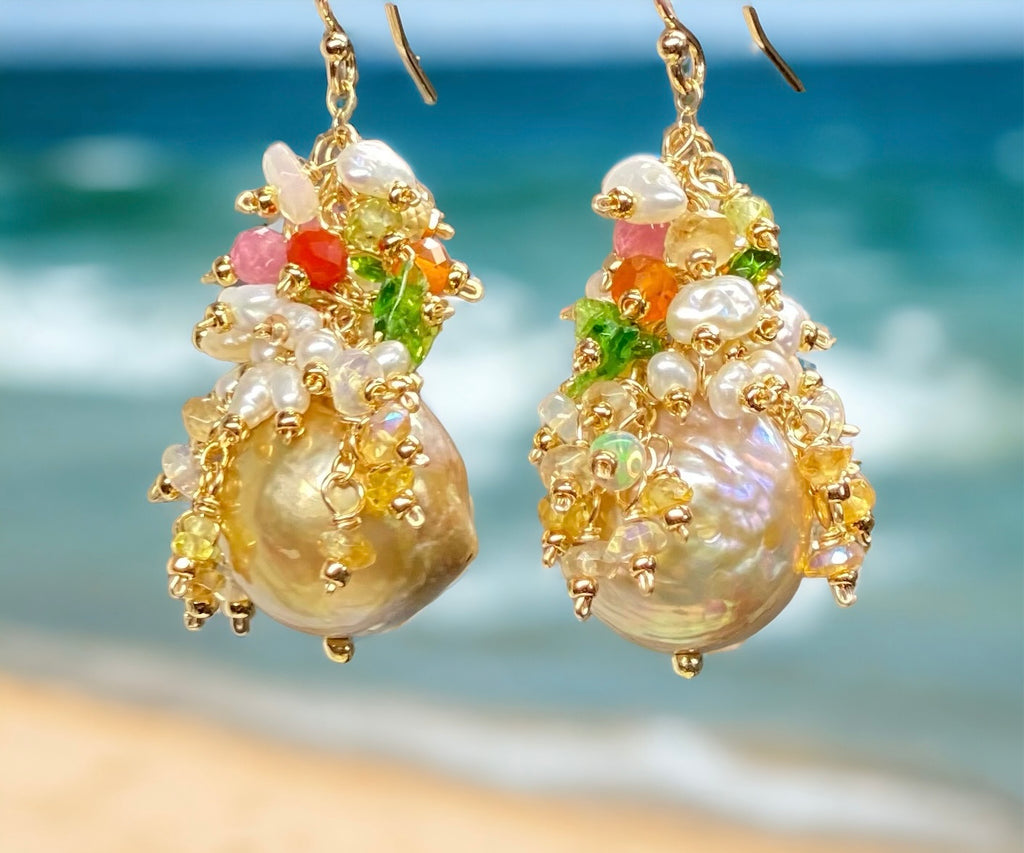 Gold and White Baroque Pearl and Gemstone Cluster Earrings, Pond-slime