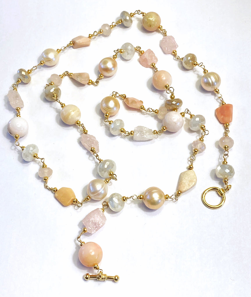 Pink Blush Gemstone and Pearl Long Necklace Gold Fill Wire Wrap