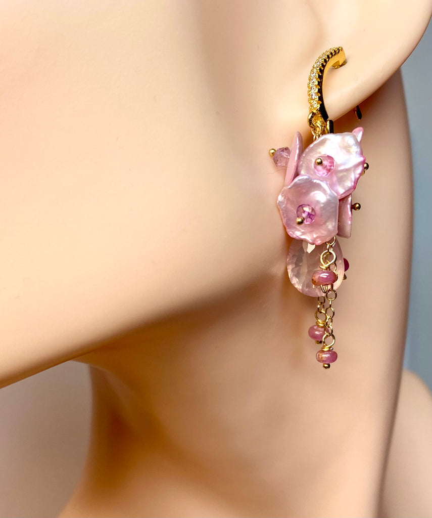 Rose Quartz Pink Keishi Pearl Cluster Earrings