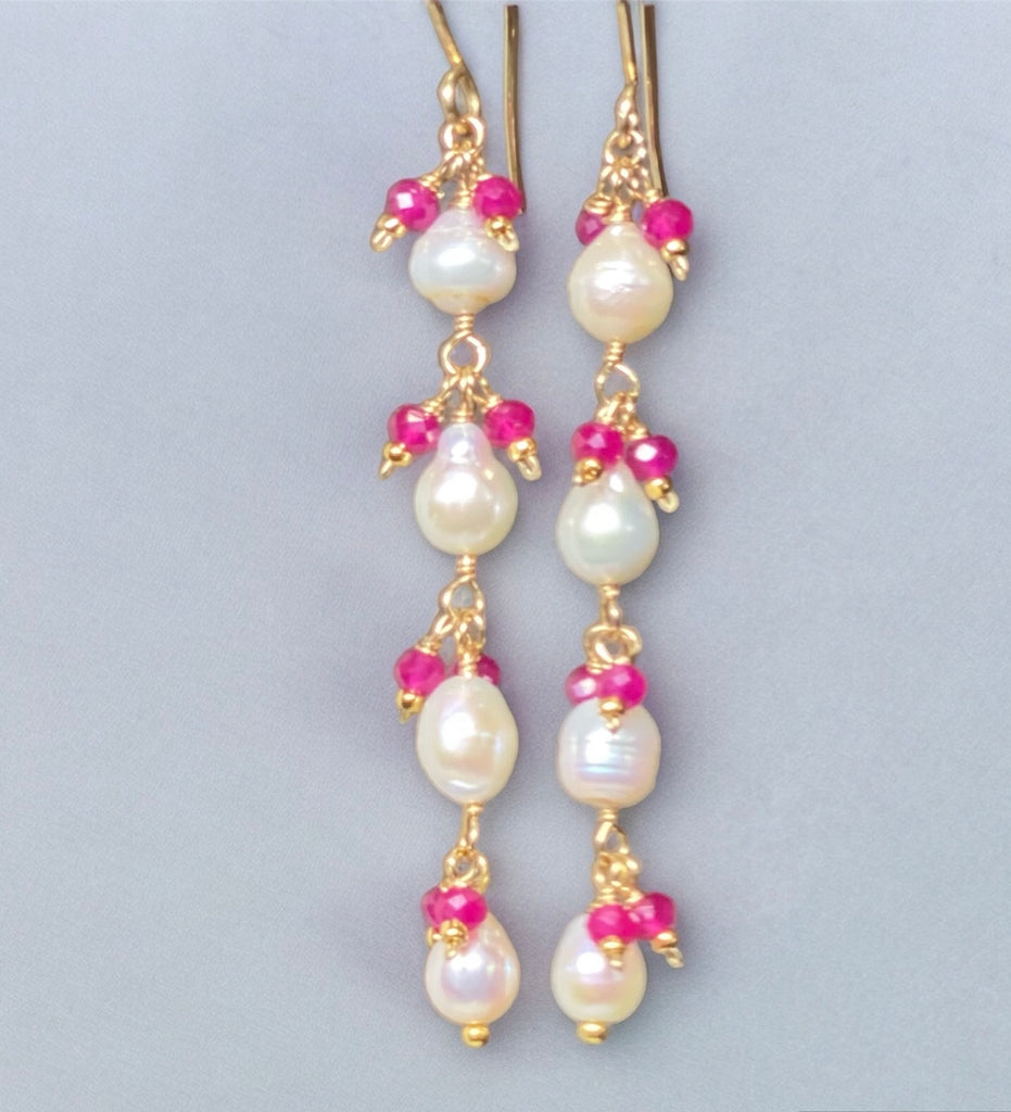 Ruby and Pearl Long Dainty Earrings Gold Fill