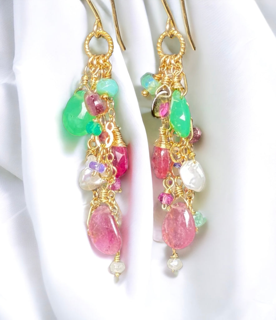 Pink Tourmaline Slice Green Chrysoprase Gemstone Dangle Earrings Gold Fill